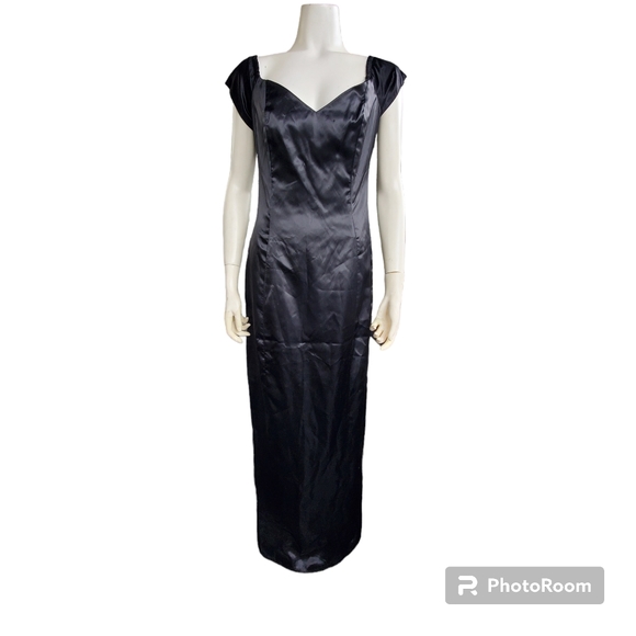 Vintage Marlene's Black 60" Long Gown / Black Satin Long Maxi Dress Gown - Picture 2 of 15